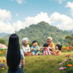 A picturesque scene viewed from a great distance where a straight black-haired woman stands happily with her back to the viewer, gazing at a joyful grandmother and grandfather sitting on the ground