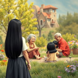 A picturesque scene viewed from a great distance where a straight black-haired woman stands happily with her back to the viewer, gazing at a joyful grandmother and grandfather sitting on the ground