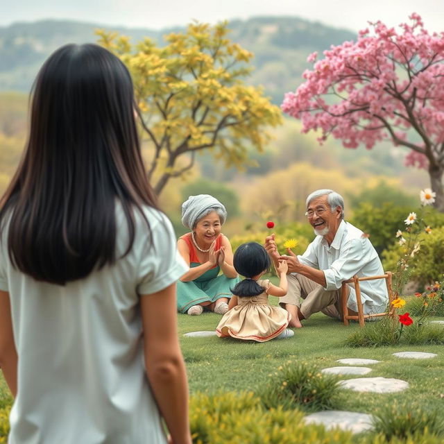 A picturesque scene viewed from a great distance where a straight black-haired woman stands happily with her back to the viewer, gazing at a joyful grandmother and grandfather sitting on the ground