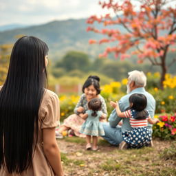 A picturesque scene viewed from a great distance where a straight black-haired woman stands happily with her back to the viewer, gazing at a joyful grandmother and grandfather sitting on the ground