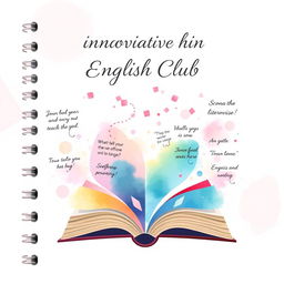 An aesthetically pleasing notebook cover design for 'Innovative English Club', featuring a serene pastel palette of soft pinks and blues