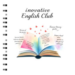 An aesthetically pleasing notebook cover design for 'Innovative English Club', featuring a serene pastel palette of soft pinks and blues