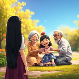 A charming and colorful scene from a far distance, featuring a straight black-haired woman standing with her back to the viewer, radiating happiness as she observes a grandmother and grandfather