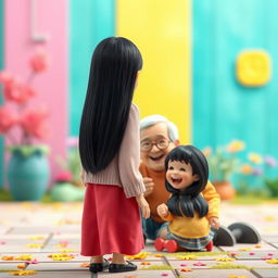 A charming and colorful scene from a far distance, featuring a straight black-haired woman standing with her back to the viewer, radiating happiness as she observes a grandmother and grandfather