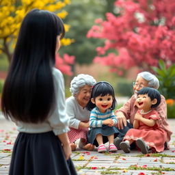 A charming and colorful scene from a far distance, featuring a straight black-haired woman standing with her back to the viewer, radiating happiness as she observes a grandmother and grandfather