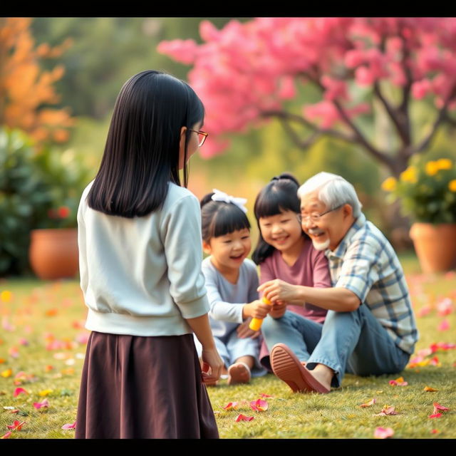 A charming and colorful scene from a far distance, featuring a straight black-haired woman standing with her back to the viewer, radiating happiness as she observes a grandmother and grandfather