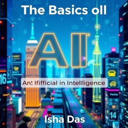 A vibrant, futuristic cityscape as the background, featuring digital elements such as circuit patterns and glowing icons that represent various AI applications like smartphones, shopping carts, and smart home devices