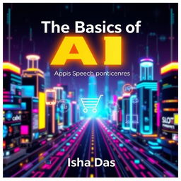 A vibrant, futuristic cityscape as the background, featuring digital elements such as circuit patterns and glowing icons that represent various AI applications like smartphones, shopping carts, and smart home devices