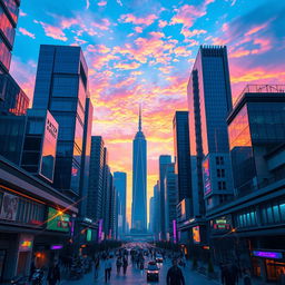 A vibrant cityscape featuring a stunning sky at the center, with high-tech, futuristic buildings surrounding it