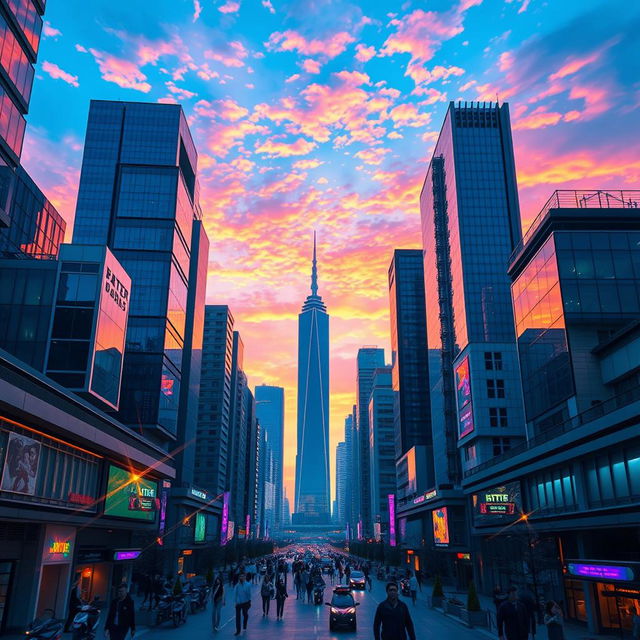 A vibrant cityscape featuring a stunning sky at the center, with high-tech, futuristic buildings surrounding it