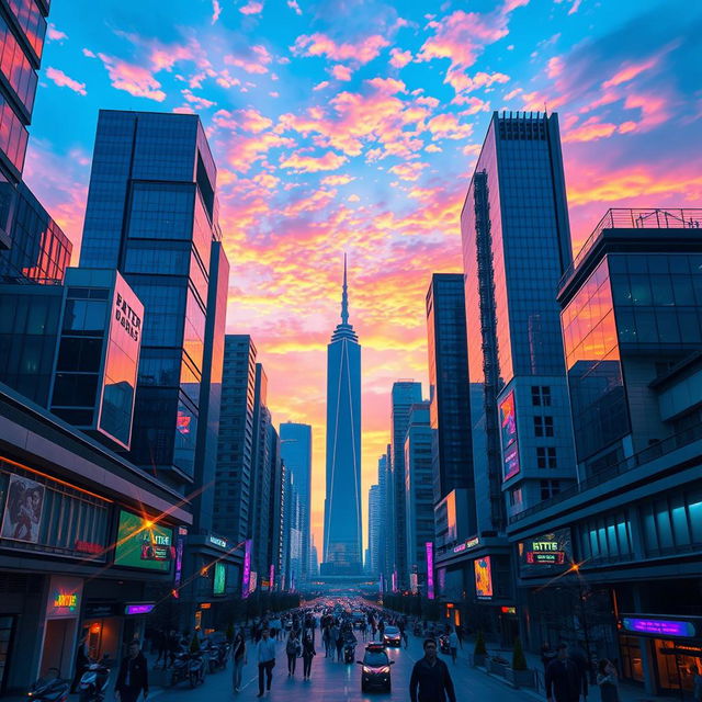 A vibrant cityscape featuring a stunning sky at the center, with high-tech, futuristic buildings surrounding it