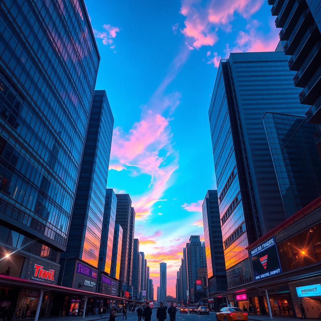 A vibrant cityscape featuring a stunning sky at the center, with high-tech, futuristic buildings surrounding it