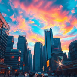 A vibrant cityscape featuring a stunning sky at the center, with high-tech, futuristic buildings surrounding it