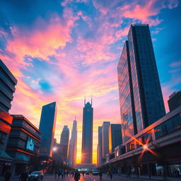 A vibrant cityscape featuring a stunning sky at the center, with high-tech, futuristic buildings surrounding it