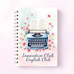 An aesthetically captivating notebook cover design for 'Innovative English Club', showcasing a dreamy watercolor theme with a blend of soft lavender, mint green, and blush pink hues