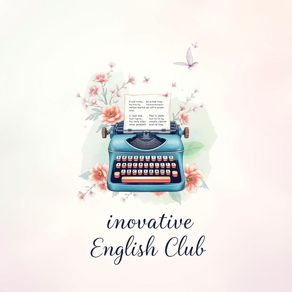 An aesthetically captivating notebook cover design for 'Innovative English Club', showcasing a dreamy watercolor theme with a blend of soft lavender, mint green, and blush pink hues