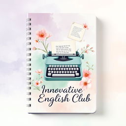 An aesthetically captivating notebook cover design for 'Innovative English Club', showcasing a dreamy watercolor theme with a blend of soft lavender, mint green, and blush pink hues