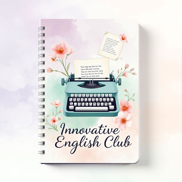 An aesthetically captivating notebook cover design for 'Innovative English Club', showcasing a dreamy watercolor theme with a blend of soft lavender, mint green, and blush pink hues