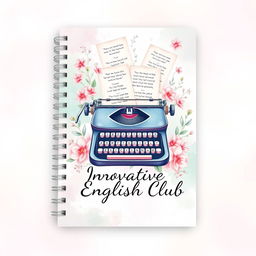 An aesthetically captivating notebook cover design for 'Innovative English Club', showcasing a dreamy watercolor theme with a blend of soft lavender, mint green, and blush pink hues