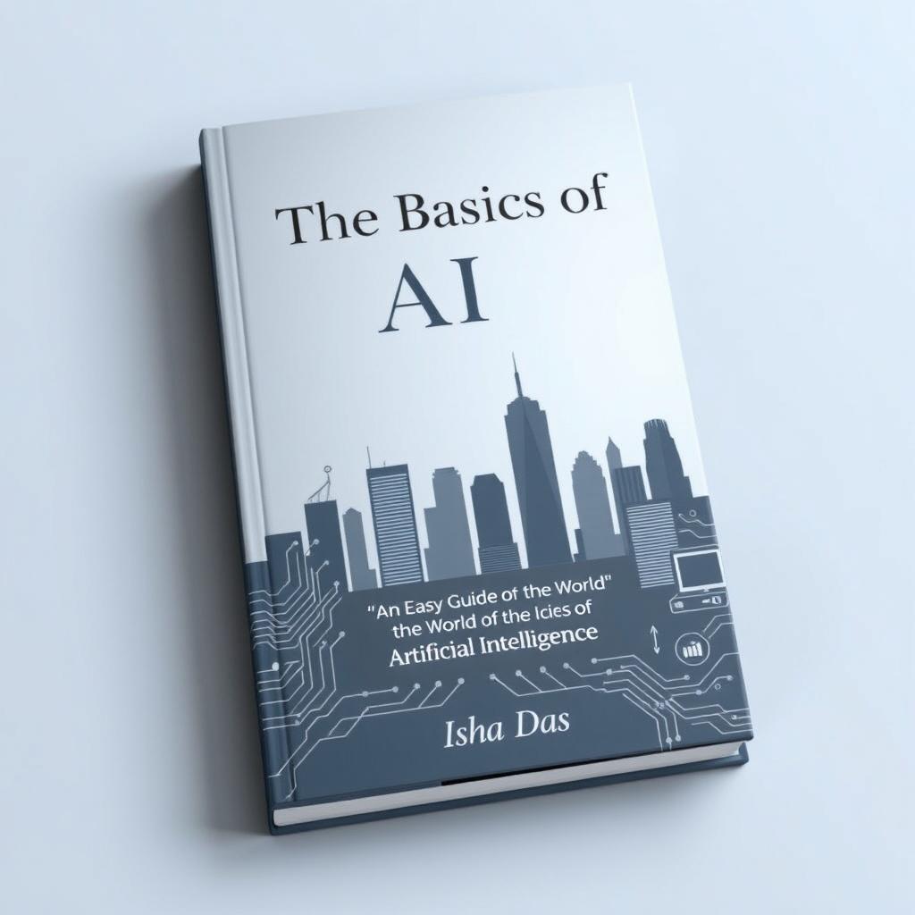 An elegant book cover featuring a sophisticated blend of a modern city skyline and abstract digital elements, such as intricate circuit patterns and subtle icons representing AI applications like smart home devices and data analytics