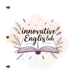An aesthetic notebook cover design for 'Innovative English Club' featuring a charming blend of soft pastel colors like lavender, peach, and sky blue