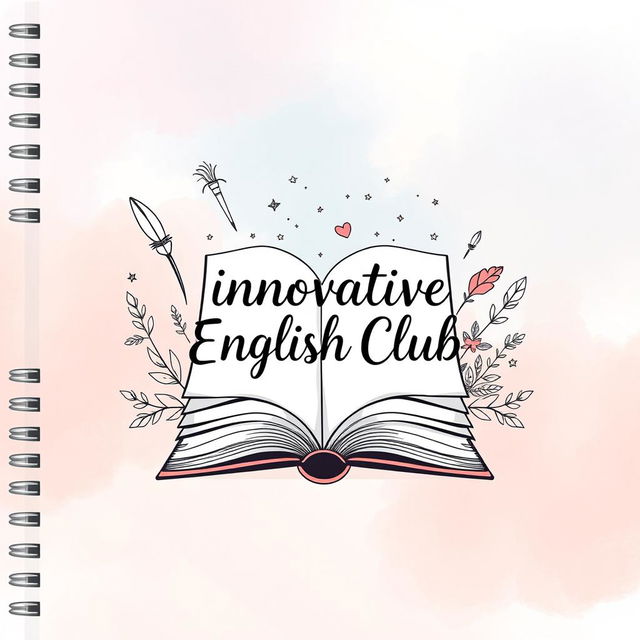 An aesthetic notebook cover design for 'Innovative English Club' featuring a charming blend of soft pastel colors like lavender, peach, and sky blue