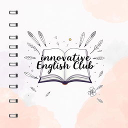 An aesthetic notebook cover design for 'Innovative English Club' featuring a charming blend of soft pastel colors like lavender, peach, and sky blue