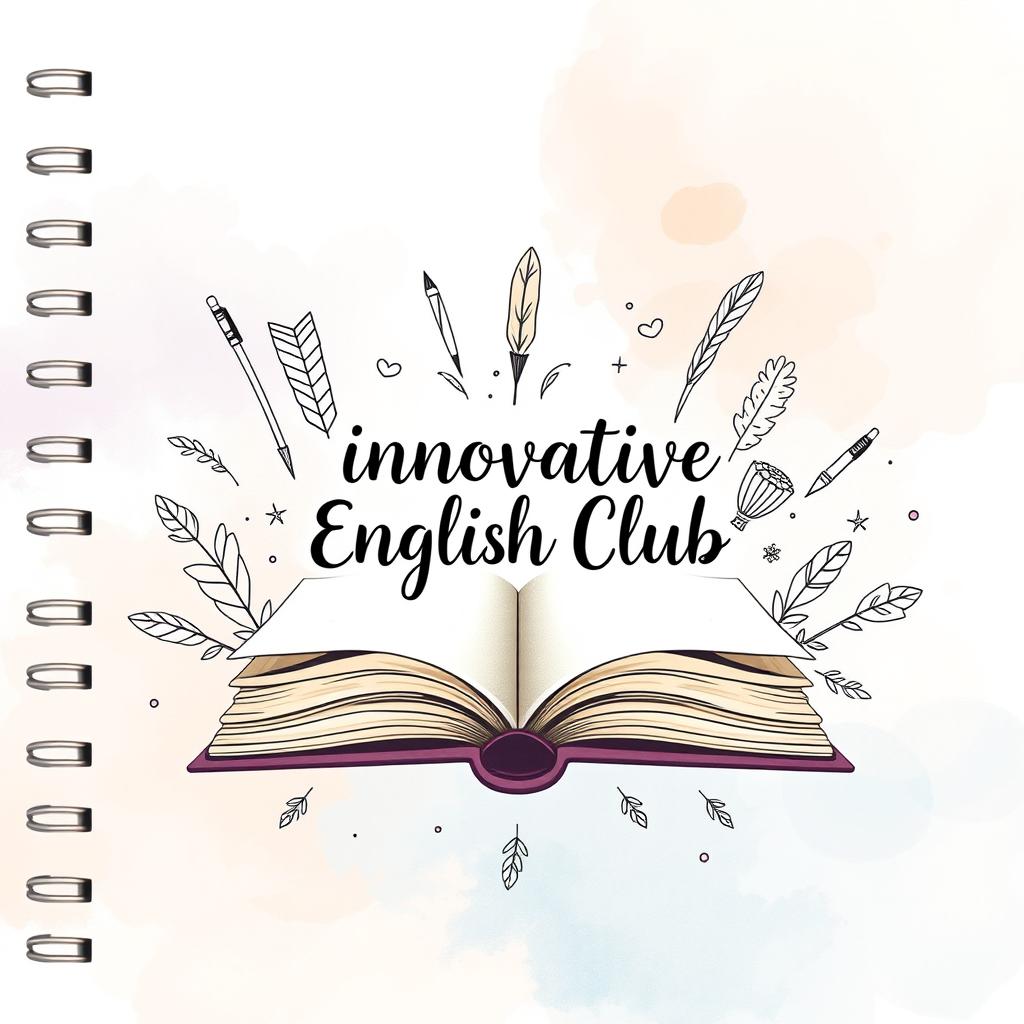 An aesthetic notebook cover design for 'Innovative English Club' featuring a charming blend of soft pastel colors like lavender, peach, and sky blue