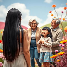 A vibrant and fictional scene set in a colorful landscape, showcasing a straight black-haired woman standing far off, with her back to the viewer, happily gazing at a grandmother and grandfather