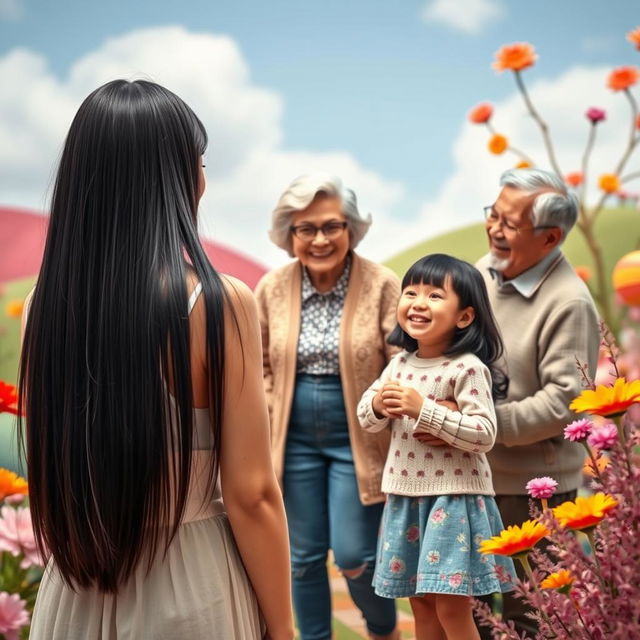 A vibrant and fictional scene set in a colorful landscape, showcasing a straight black-haired woman standing far off, with her back to the viewer, happily gazing at a grandmother and grandfather