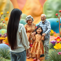 A vibrant and fictional scene set in a colorful landscape, showcasing a straight black-haired woman standing far off, with her back to the viewer, happily gazing at a grandmother and grandfather