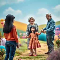A vibrant and fictional scene set in a colorful landscape, showcasing a straight black-haired woman standing far off, with her back to the viewer, happily gazing at a grandmother and grandfather