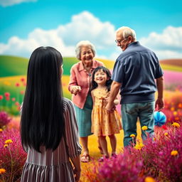 A vibrant and fictional scene set in a colorful landscape, showcasing a straight black-haired woman standing far off, with her back to the viewer, happily gazing at a grandmother and grandfather