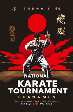 A book cover design for a karate tournament, featuring a karate athlete in an action pose (strike or horse stance) centrally placed to emphasize strength and determination