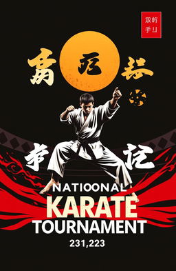 A book cover design for a karate tournament, featuring a karate athlete in an action pose (strike or horse stance) centrally placed to emphasize strength and determination