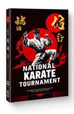 A book cover design for a karate tournament, featuring a karate athlete in an action pose (strike or horse stance) centrally placed to emphasize strength and determination
