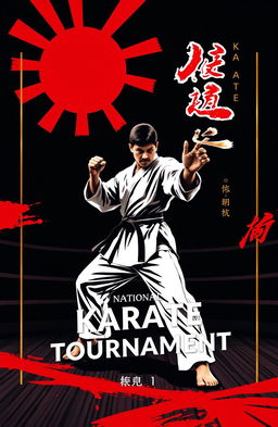 A book cover design for a karate tournament, featuring a karate athlete in an action pose (strike or horse stance) centrally placed to emphasize strength and determination