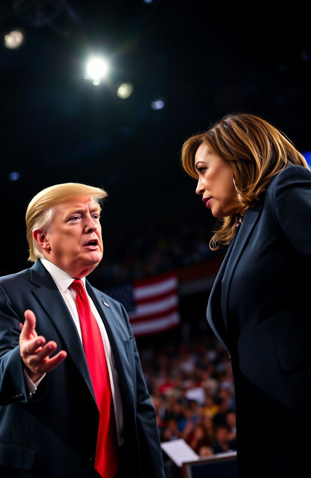 An intense political debate scene featuring Donald Trump and Kamala Harris engaged in a heated discussion