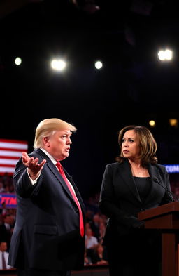 An intense political debate scene featuring Donald Trump and Kamala Harris engaged in a heated discussion