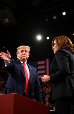 An intense political debate scene featuring Donald Trump and Kamala Harris engaged in a heated discussion