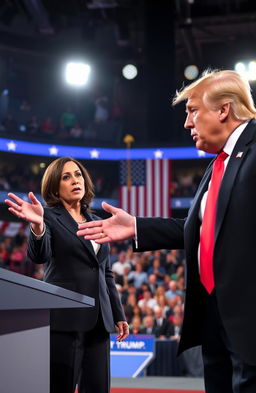 An intense political debate scene featuring Donald Trump and Kamala Harris engaged in a heated discussion