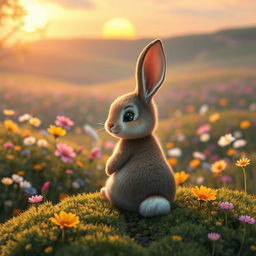 Rosie, the adorable rabbit, sits at the edge of Mossy Meadow, looking back with a warm and heartfelt smile on her face