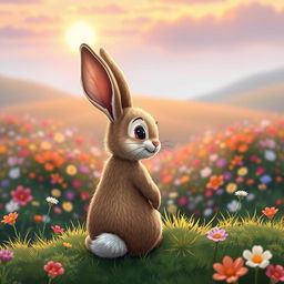 Rosie, the adorable rabbit, sits at the edge of Mossy Meadow, looking back with a warm and heartfelt smile on her face