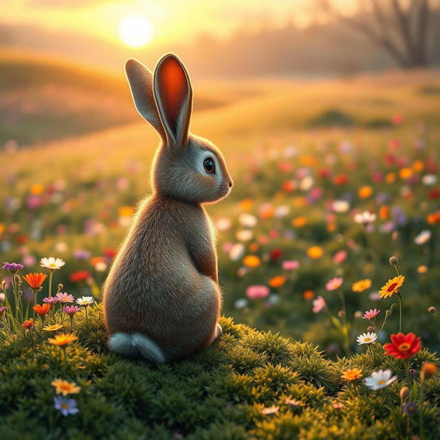 Rosie, the adorable rabbit, sits at the edge of Mossy Meadow, looking back with a warm and heartfelt smile on her face