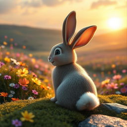 Rosie, the adorable rabbit, sits at the edge of Mossy Meadow, looking back with a warm and heartfelt smile on her face