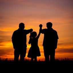 A striking silhouette of grandparents holding their granddaughter's hands, all positioned with their backs to the viewer