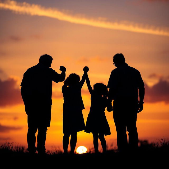 A striking silhouette of grandparents holding their granddaughter's hands, all positioned with their backs to the viewer