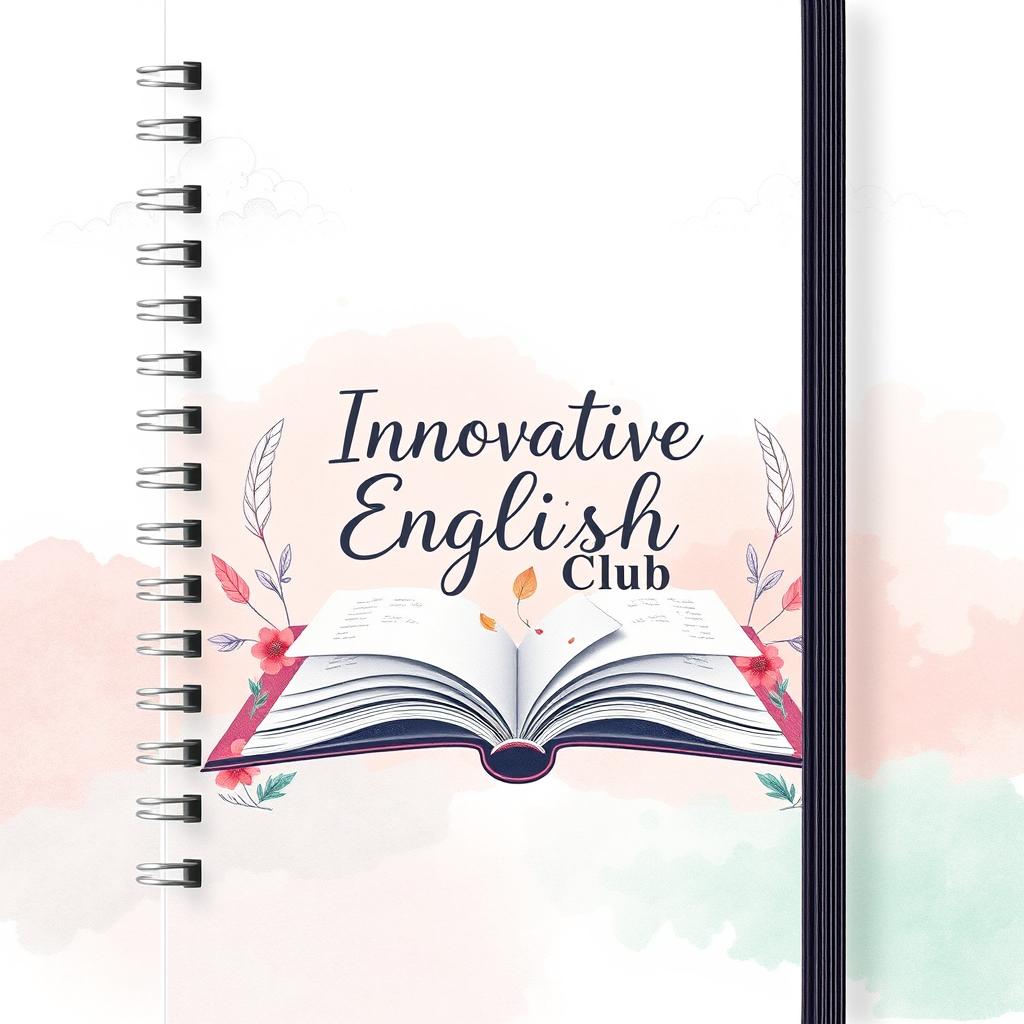 An aesthetic notebook cover design for 'Innovative English Club', featuring a harmonious blend of gentle pastel colors like blush pink, soft mint green, and light lavender