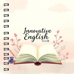 An aesthetic notebook cover design for 'Innovative English Club', featuring a harmonious blend of gentle pastel colors like blush pink, soft mint green, and light lavender