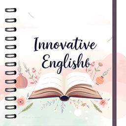 An aesthetic notebook cover design for 'Innovative English Club', featuring a harmonious blend of gentle pastel colors like blush pink, soft mint green, and light lavender